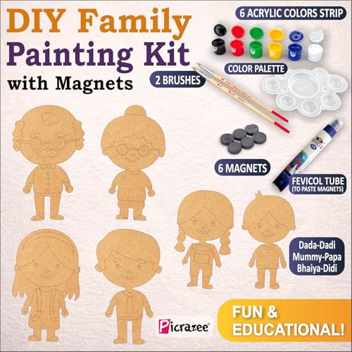 Image of PICRAZEE DIY Family Painting Kit for Kids | 6 Pine MDF Family Cutouts (Dada-Dadi, Mummy-Papa & 2 Kids) with Acrylic Colors, Brushes, Palette & Magnets | Wooden Art & Craft Creative Activity Toy