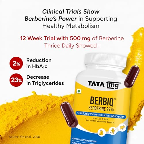 Image of Tata 1mg Berbiq Berberine 97% Capsules | Supports Glucose Metabolism | Clinically Proven Higher Absorption | With Milk Thistle | 30 Capsules