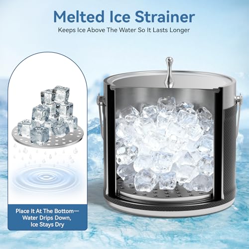 3.2 L Insulated Ice Bucket with Lid & Tongs & Scoop & Melt Filter, Champagne Bucket, Double Wall Stainless Steel Ice Bucket with Leather Case, Suitable for Cocktails & Wine & Beer - Image 6