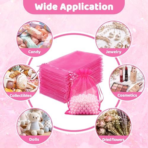 Image of FUNFERY 100Pcs Hot Pink Organza Bags 4x6 in,Small Mesh Drawstring Gift Bag | Little Jewelry Bags for Wedding Party Favors, Mini Drawstring Pouch for Sachet, Candy, Goodie, Treat Bag for Easter Day