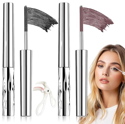 Máscara de Pestañas Metálica con Efecto Lift Impermeable - Longitud Natural, Volumen Sutil, Rizado 3D, Duración Prolongada, Resistente a Humedad, Sudor y Lágrimas(Black+Brown)