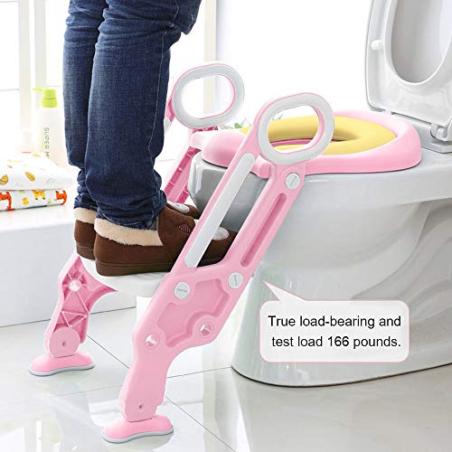 Mangohood Potty Training Toilet Seat with Step Stool Ladder for Boys and Girls Baby Toddler Kid Children Toilet Training Seat Chair with Handles Sturdy Wide Step (Pink White Upgrade Pu Cushion) - Thumbnail 4