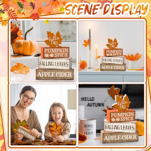 Image of Moucuny 4 Pcs Fall Decor Wooden Maple Leaf Decoration Thanksgiving Tiered Tray Decor Rustic Wooden Maple Leaf Block Sign Thanksgiving Table Centerpiece Farmhouse for Autumn Harvest Party Home Kitchen