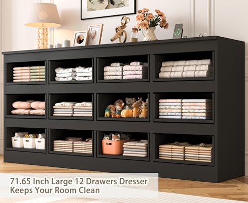Image of JassmiPkwy 71.65 INCH 12 Drawers Dresser with Power Outlet, Wide High Gloss Chest of Drawers Large, Modern Storage Drawer Dresser for Bedroom, Black