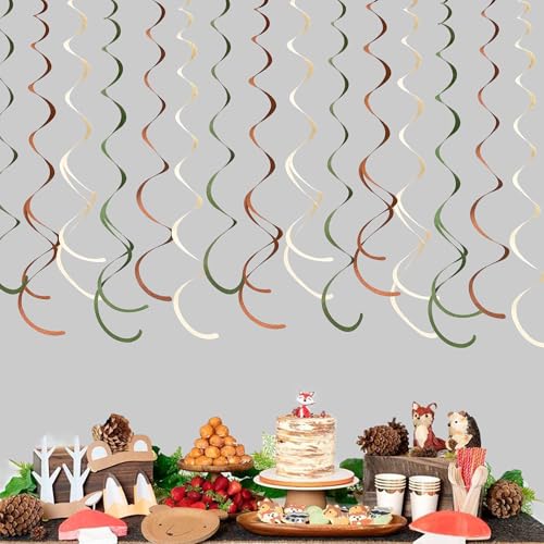 Image of 36 Pcs Jungle Hanging Swirl Decorations Sage Green Brown Beige Felt Swirl Streamer Spiral Ceiling Garland for Safari Jungle Woodland Wild One Birthday Neutral Baby Shower Party Decorations Supplies