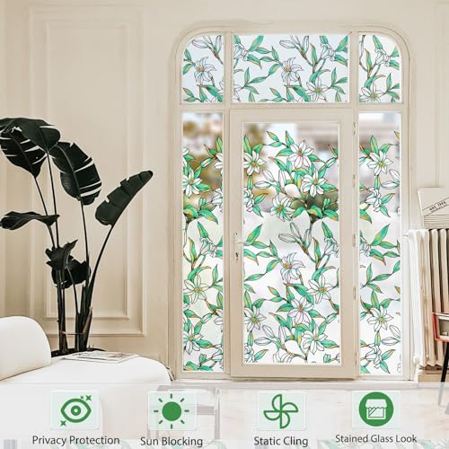 Image of Coavas Static Cling Privacy Window Film, 96% UV & Heat Blocking, Stained Glass Window Film Floral Design, Non-Adhesive, for Bathroom, Front Door, Shower Enclosure (Frosted, 17.5 inch X 78.7 inch)