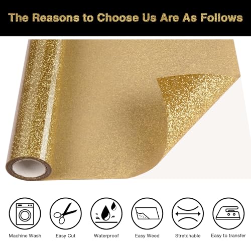 WOOGLITTER Rolo de Vinil de Transferência de Calor Htv com Glitter Dourado 12