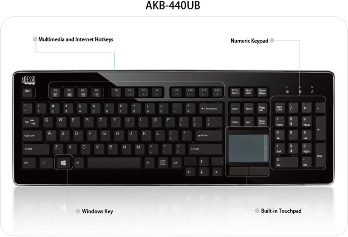 ADESSO AKB-440UB SlimTouch Desktop Keyboard with Integrated Touchpad and Multimedia Hotkeys