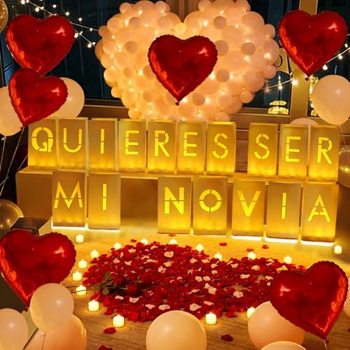 Tobilu Quieres Ser Mi Novia Decorations Light Up Letters Rose Petals LED Tea Lights Candles Latex Foil Balloons Paper Luminary Bags for Her Proposal Anniversary Valentines Day Decor