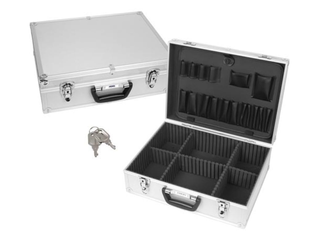 Perel Aluminiowa walizka narzędziowa 457 x 330 x 152 mm z zamkiem na klucz, regulowanymi przegrodami i uchwytami na narzędzia, twarda walizka transportowa na narzędzia, laptop i sprzęt pomiarowy