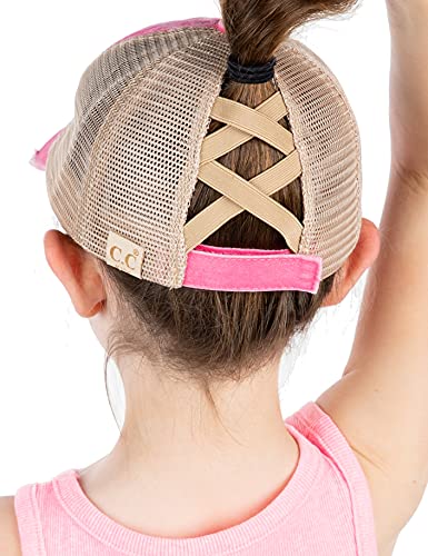 Kids Criss Cross Messy Bun Ponytail Hat - Pink Washed W/Mesh #TOP17