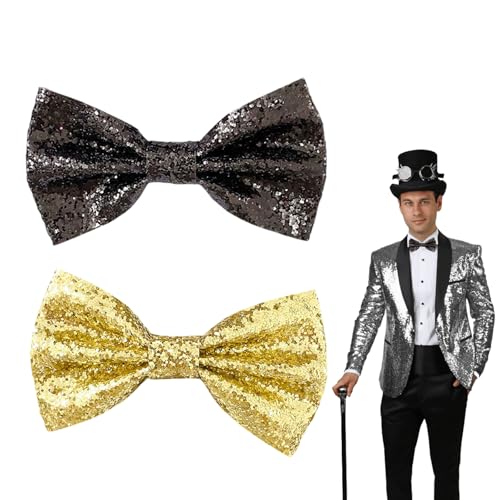 GUTERTOP 2 Stück Glitzer Fliege Herren, Verstellbare Vorgebundene Bow Tie, Goldene und Schwarz Fliege Herren für Hochzeit Karneval Fasching Halloween Motto Party Kostüme