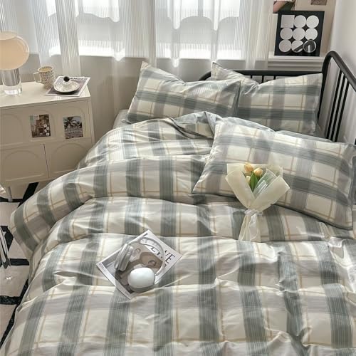 Image of MKXI Vintage Green Plaid Duvet Cover Set with Checkered Design Farmhouse Look Gingham Modern Bedding King Size Classic Rustic Bedroom Collection for All Ages