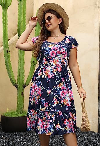 Image of Keluummi Plus Size Women 2023 Summer Casual Cute Boho Floral Flutter Sleeve Tiered Midi Dress with Pocket