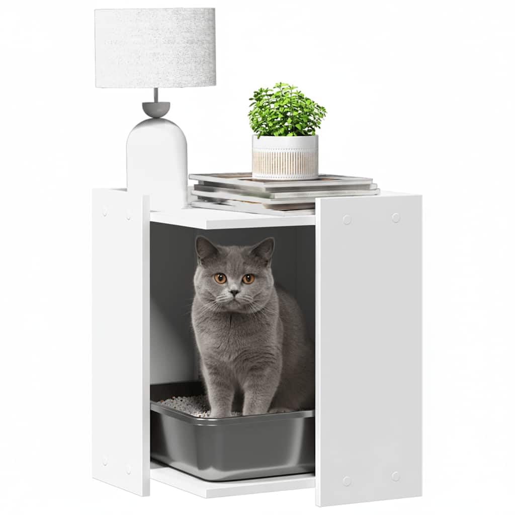 Katzenklo-Möbel Holzwerkstoff Beistelltisch Weiß 42x42x51 cm | Diskretes Katzenhaus und Beistelltisch für das Wohnzimmer, stabiler Holzwerkstoff mit hoher Belastbarkeit.