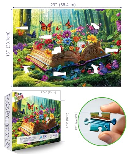 Image of Vibrant Flowers Book 500 Piece Jigsaw Puzzle for Adults Magical Forest Scene Enchanted Garden & Butterflies Funny Colorful Challenging 500-Piece Puzzle for Family Game Night(23 inchx15 inch)