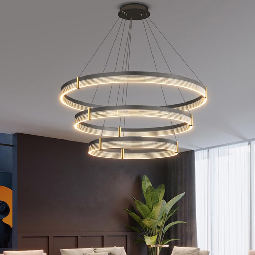 GGBBJJ 3 Ring Modern LED Round Chandelier Black Gold Mid Century Ceiling Chandelier Light for Foyer Entryway Farmhouse Hanging Pendant Lamp for Living Room Dining Room, Dimmable 3000K-6000K
