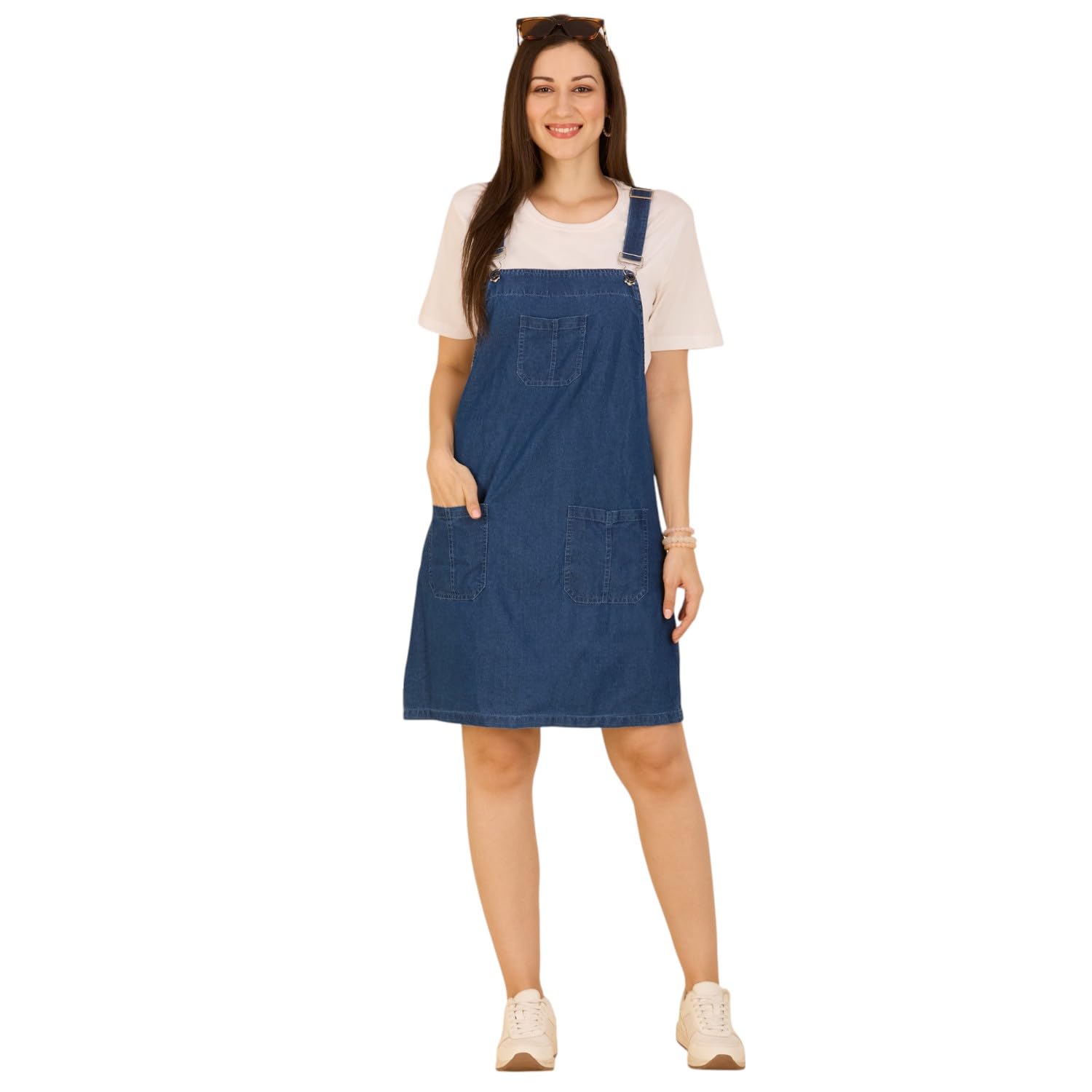 cefalu Denim Dungaree Dress for Women Adjustable Strap |Skirt with Front Pocket |Casual Sleeveless Pinafore Skirt |Blue-picture-19