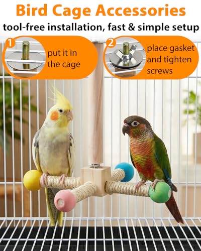 Image of Bird Perch Toy, Kiln-Dried Wood Interactive 360 Spinning Cage Toy(S) | Exercise Wheel Parrot Toy, Enrichment Cockatiel Toy for Bird Cage, Bird Cage Accessories Perch Toy for Budgies Lovebirds