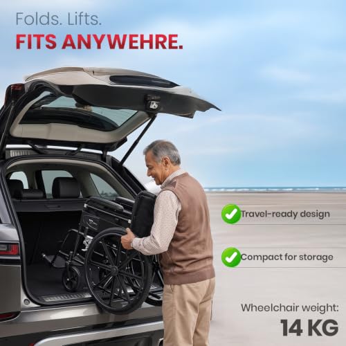 Image of AGEasy (Max Group) Foldable Wheelchair with Safety Seat Belt, Padded Armrests, Footrest & Adjustable Calf Support, 100 kg Capacity | Self-Propelled & Attendant Use | Easy to Move for Indoor & Outdoor Use | Elderly & Patient Care