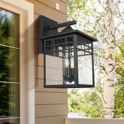 Image of Outdoor Light Fixture Wall Mount, Black Exterior Light Fixture Wall Sconces with Seeded Glass for Front Porch, Large Waterproof Outdoor Square Wall Lantern Outside for House Doorway