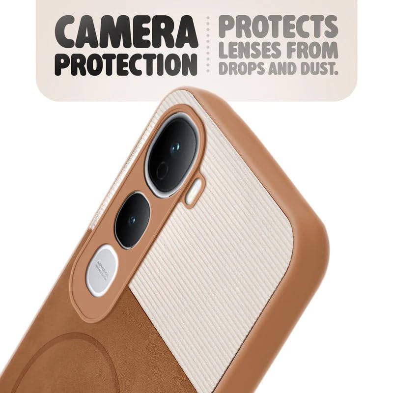 Image of Bintage case Macc-Safe Design Hard Light Weight Back Case | Soft Border Camera Protect | Dual PU Leather Finish Back Cover Compatible for Vivo Y400 Pro 5G - White & Brown