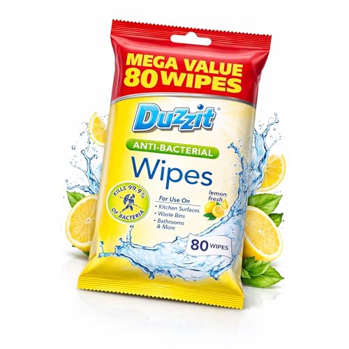 Image of 80 x Duzzit Antibacterial Cleaning Wipes Lemon Fresh Surface Wipes Kills 99.9 Percent Bacteria Kitchen Bathroom Multi Purpose Disinfectant Wipes Sold by VR ANGLE