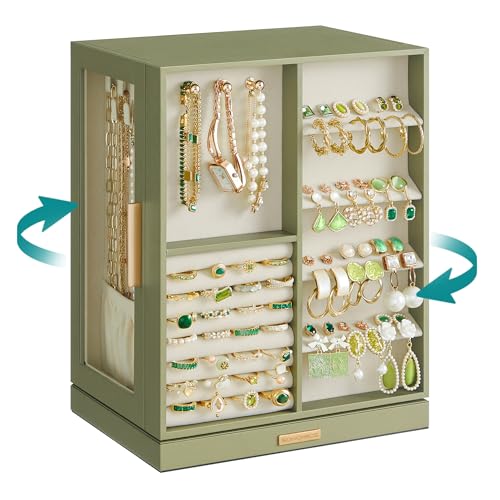SONGMICS Jewellery Box 360° Rotating, Jewellery Organiser with 5 Drawers, Jewellery Display Case, Glass Window, Spacious, Vertical Jewellery Storage, Open Design, Great Gift, Laurel Green JBC170C02