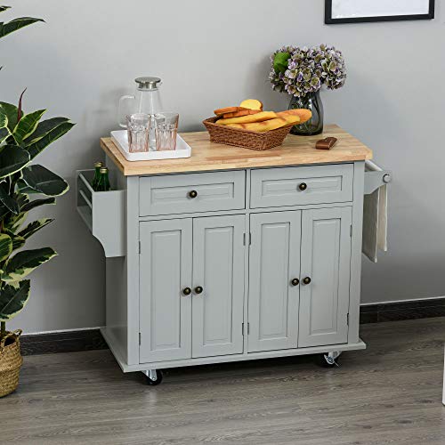 image for HOMCOM Rolling Kitchen Island Cart with Rubber Wood Top, Spice Rack, T
