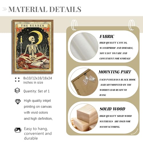 Image of Framed The Reader Tarot Canvas Wall Art, Skeleton Reader Tarot Card Pictures Wall Decor, Bookish Witchy Library Poster Print Artwork for Witchy Reading Nook Book Lover Gift 8x10 inch