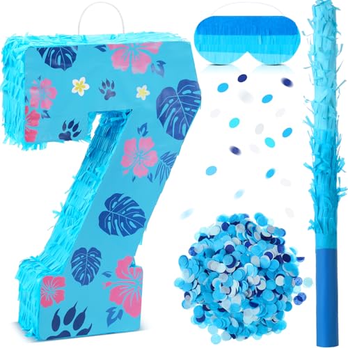 Tasdurian Hawaii Number 7 Piata 16 Inch Blue Tropical Theme Piata with Stick Blindfold Confetti for Birthday Party Supplies Decorations Anniversary Celebration