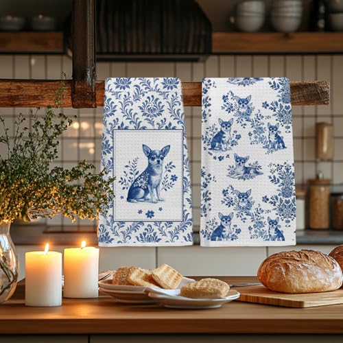 Image of Chinoiserie Chihuahua Kitchen & Hand Towels Set of 2, Blue and White Floral Dog Dish & Tea Towels for Kitchen Bathroom Decor, Vintage Toile Dog Lover Gifts for Women 16x24 Inch