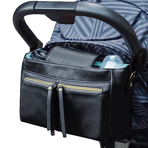 Image of MOMINSIDE Stroller Organizer with Insulated Cup Holders, 10 Pockets Stroller Accessories Leather, Universal Stroller Caddy, Adjustable Straps, Zippered Pocket, Fit All Strollers (Black)