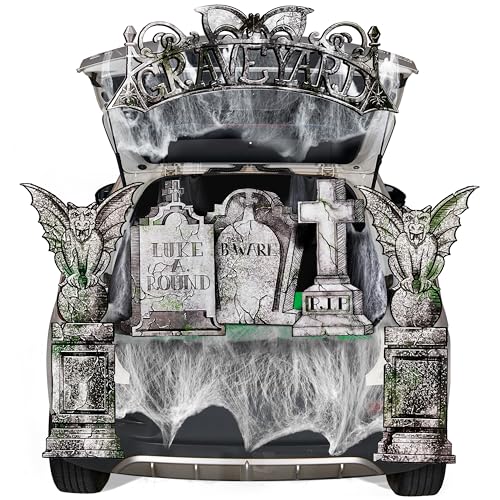 Image of JOYIN Halloween Tombstone Trunk or Treat Car Garage Decoration Outdoor with Gargoyles, Arch Monument, Spider Web and Non-Woven Fabric for Entryway Archway Haunted House Decor