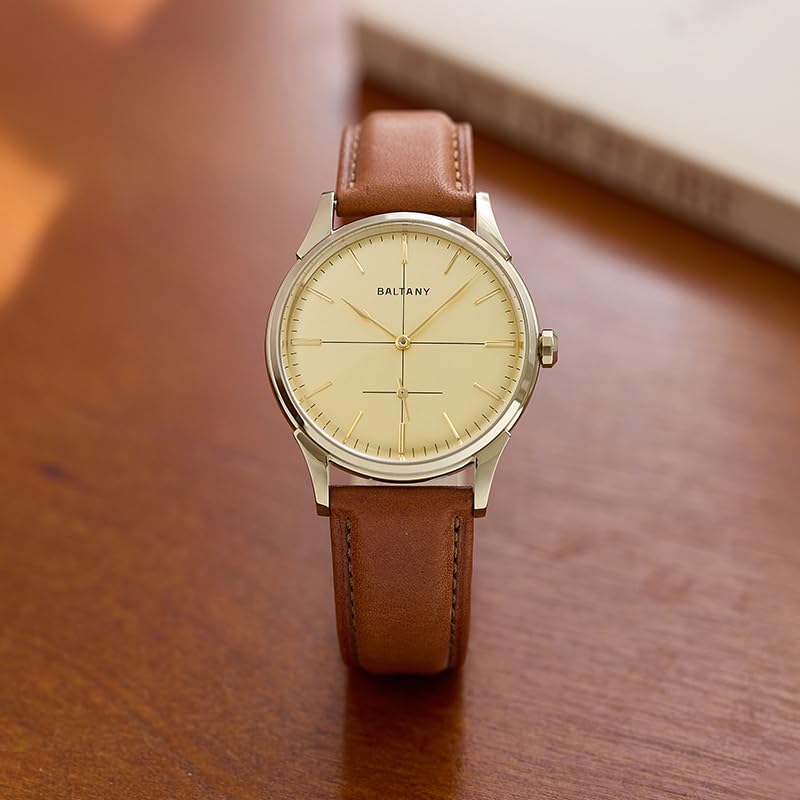 Baltany S4092 Mechanische Armbanduhr mit Fadenkreuzzifferblatt, 38,5 mm, Retro-Lederuhr für Herren, mit Samll-Sekundenzeigung