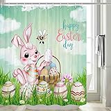 Happy Easter Shower Curtain, Easter Bunny Rabbit and Colorful Easter Eggs Butterfly for Spring...