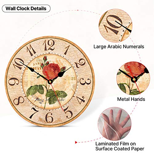 Toudorp 8 Inch Wall Clock Easy To Read Arabic Numerals Quartz Silent Wall Clocks Battery Operated Retro Round Flower Pattern Clock Wooden A Red Rose Style Vintage Home Decorative Wall Clock #TOP3
