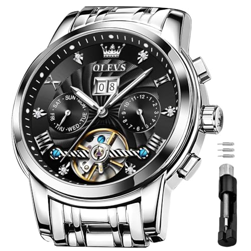 Image of OLEVS Self Winding Watches for Men Automatic Mechanical Skeleton Luxury Dress Waterproof Moon Phase Tourbillon Chronograph Stainless Steel Luminous Wristwatch