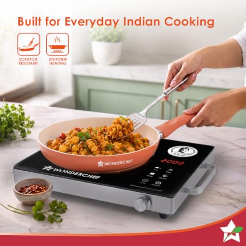 Image of Wonderchef Natura Ceramic Fry Pan for Cooking, 20cm, 1.2L, Non-Toxic Chemical-Free Coating, PFOA /PFAS-Free, for Kitchen, Scratch-Resistant, Gas & Induction Compatible, 2-Yr Warranty, Peach