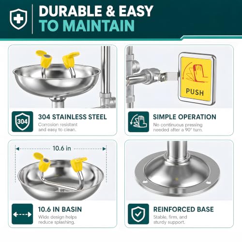 Image of 304 Stainless Steel Combination Emergency Eye Wash Station with Shower，OSHA Approved，ANSI Z358.1-2014 Standards with Emergency Sign, NPT Threads, Industrial Grade for First Aid
