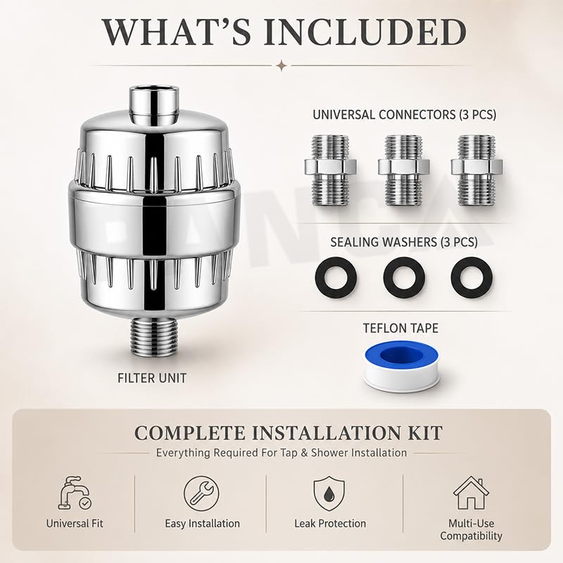 Image of PANCA Hard Water Softener Filter for Tap & Shower with Universal Connectors | Bathroom Water Purifier Cartridge for Borewell & Tanker Water (Complete Filter Kit)