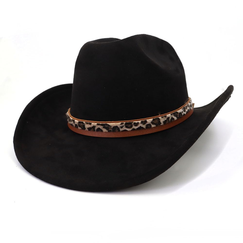 Cappello da cowboy classico in pelle scamosciata per adulti a tesa larga cappello da cowgirl occidentale da donna cappello Fedora con fascia leopardata