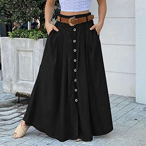 YOLAI Women's Casual Button Down Pleated Skirt Solid Color Maxi Skirt A Line High Waist Skirt with Pocket2