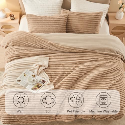Image of EMME Faux Fur Duvet Cover Queen Size, 3 Pieces Ultra Soft Fluffy Comforter Cover, Cozy Warm for Winter, Luxury Elegant Shaggy Striped Design Bedding, 1 Duvet Cover & 2 Pillow Shams (Queen, Taupe)