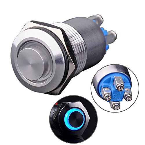Ulincos® Latching Pushbutton Switch U16B2 1NO ON/Off Silver Stainless Steel Shell with Blue LED Ring Suitable for 16mm 5/8