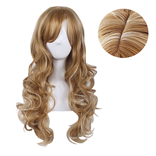 24"Curly Blonde Wig with Bangs Heat Resistant Long Wavy Blonde Wig For Women(Blonde)