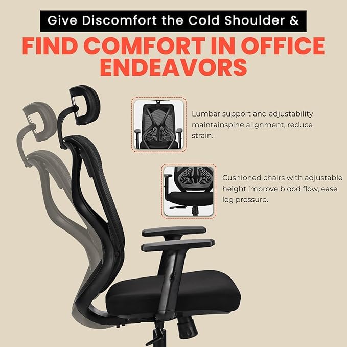 Image of IAFA FURNITURE Ergolux High Back Ergonomic Office & Study Chair | 3 Year Warranty | Adjustable Height, Tilt Lock, 2D Headrest, Adjustable Arms & Lumbar Support | Nylon Base | DIY | (Black)