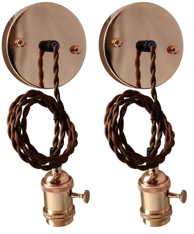 Lámpara colgante vintage E27 con interruptor en acabado cobre, ideal para decoración de interiores y crear ambientes acogedores. (Paquete de 2)