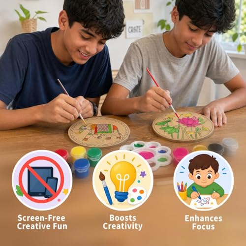 Image of Mind Pilot Art & Craft Kit for Kids & Adults | 3-in-1 Indian Painting Kit | Mandala, Madhubani & Pichwai | 6 Pre-Marked Wooden Coasters | 12 Colours | DIY Gift Set | Ages 8+