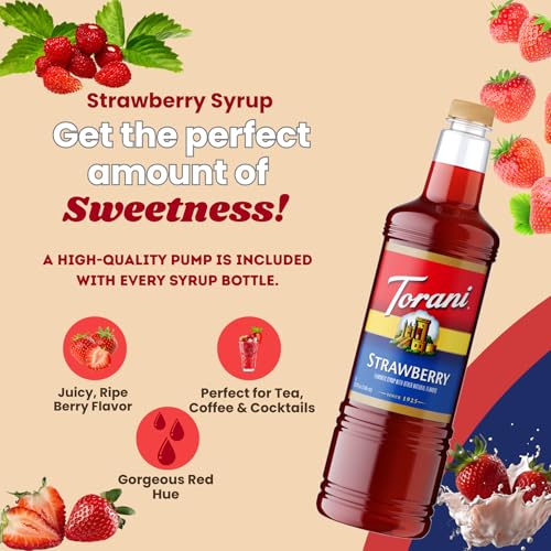 Image of Torani Strawberry Syrup 1L with Pump - Flavoring for Coffee & Cocktails